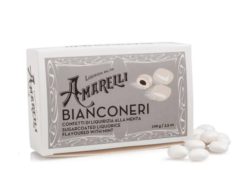amarelli-bianconeri-lakritz-dragees-mit-minze-100-g image 1