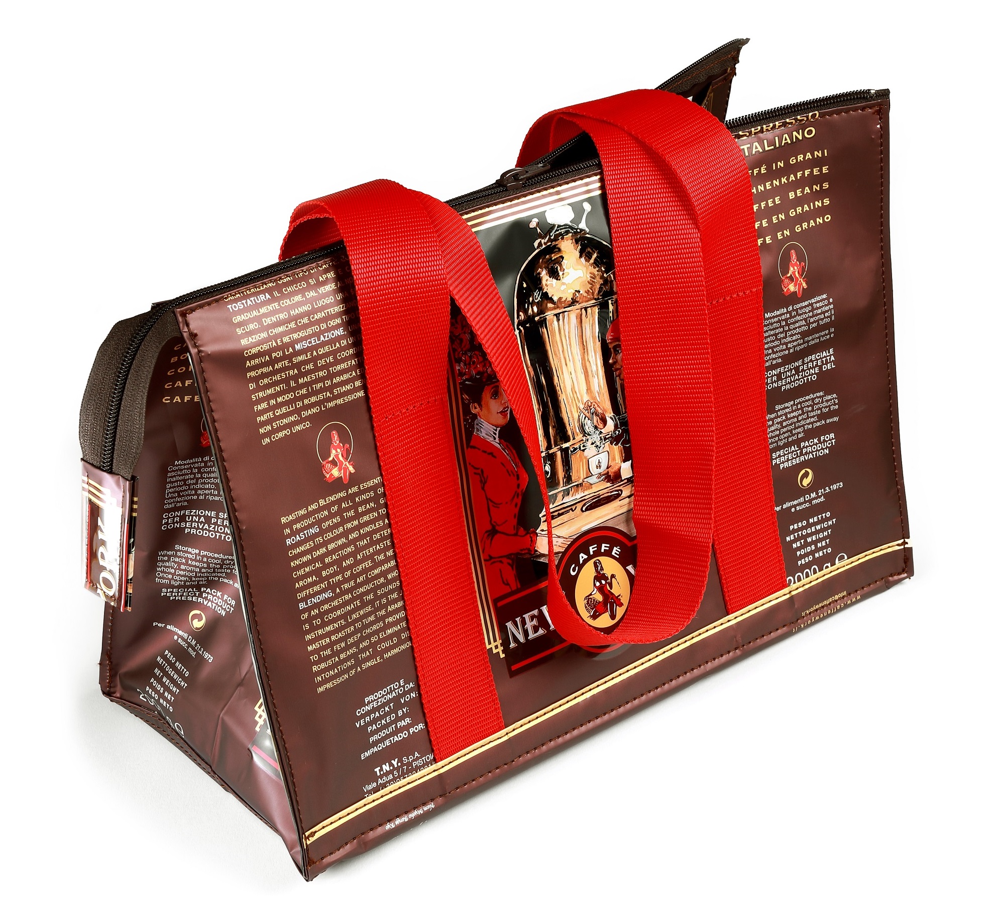 new-york-tasche-aus-kaffeeverpackung-bobina-shopper-mit-roten-henkeln image 1